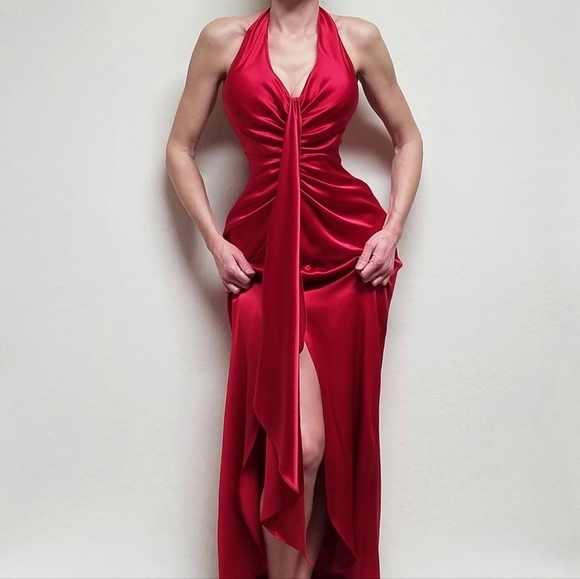 Vintage 90s ABS Evening Red Charmeuse Satin Halter Plunging Neckline Maxi Dress - Picture 2 of 15